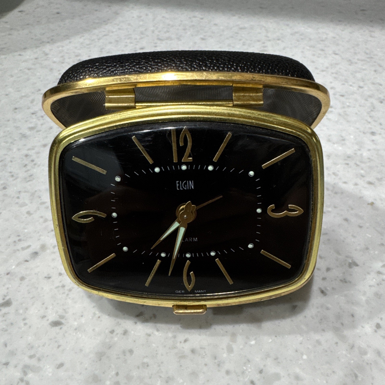 Vintage Florn Germany Wind Up Travel Alarm Clock Folding Case Black Gold MCM