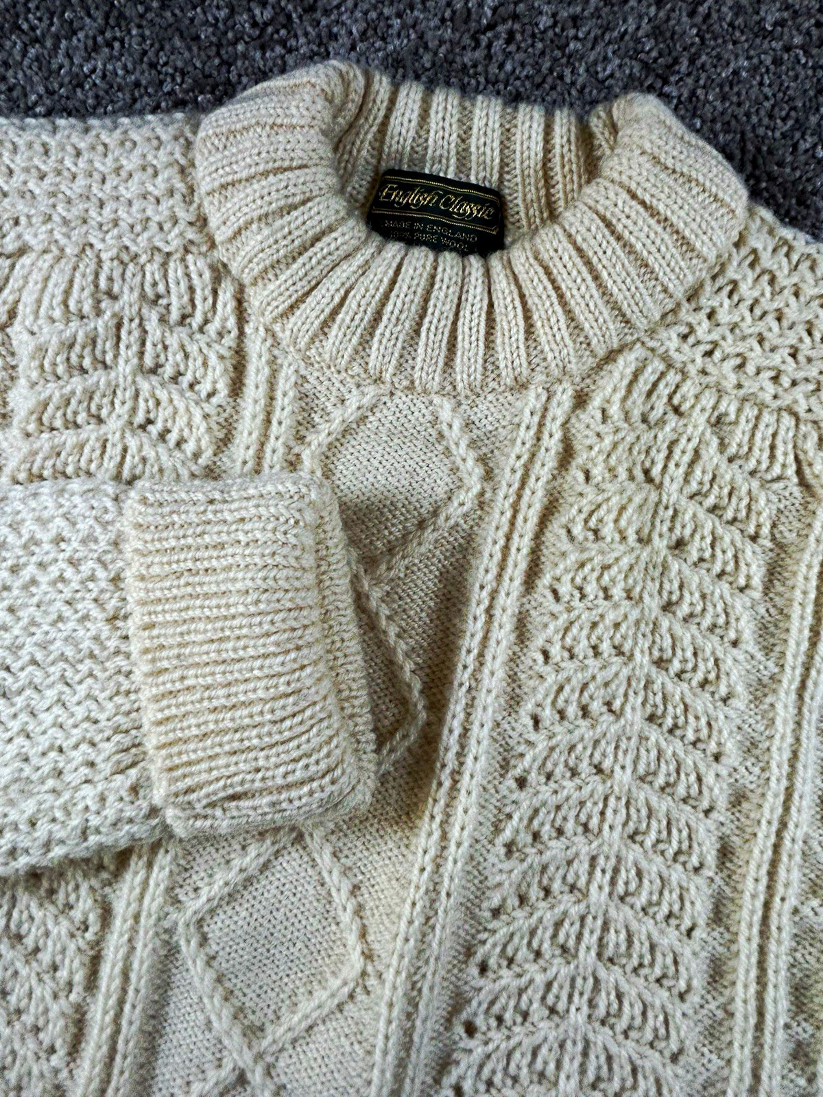 Vintage English Classic Aran Fisherman Sweater XL Pure Wool Unisex Oversized ML
