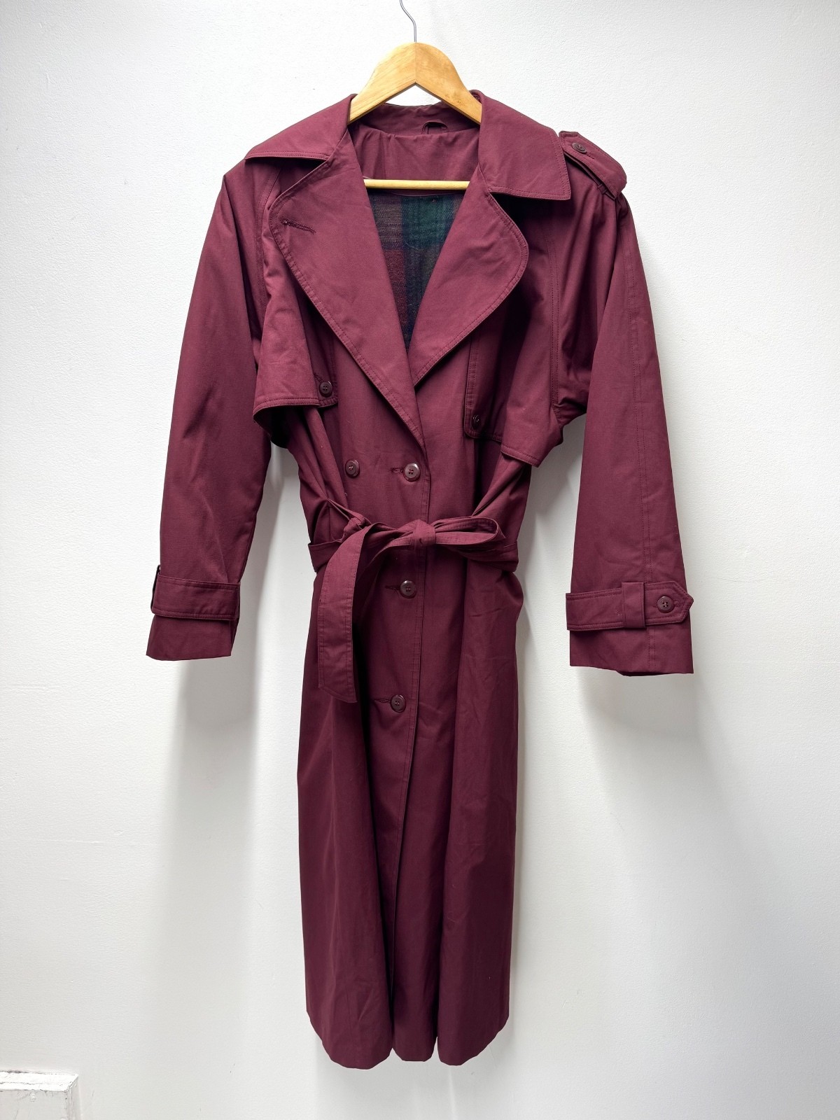 Vintage Burgundy Trench Coat Warm Check Lining