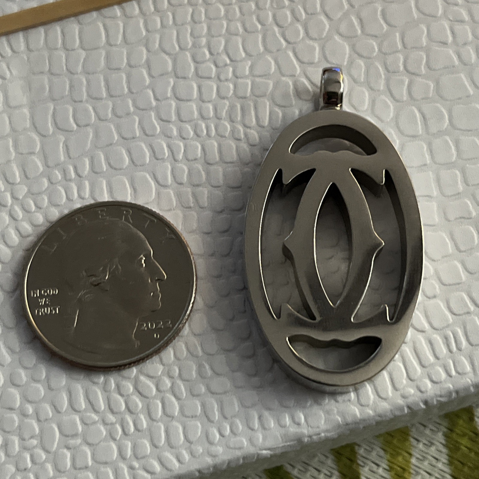 Cartier Vintage Rhodium-Plated Pendant Necklace Charm Oval 100% Authentic +chain