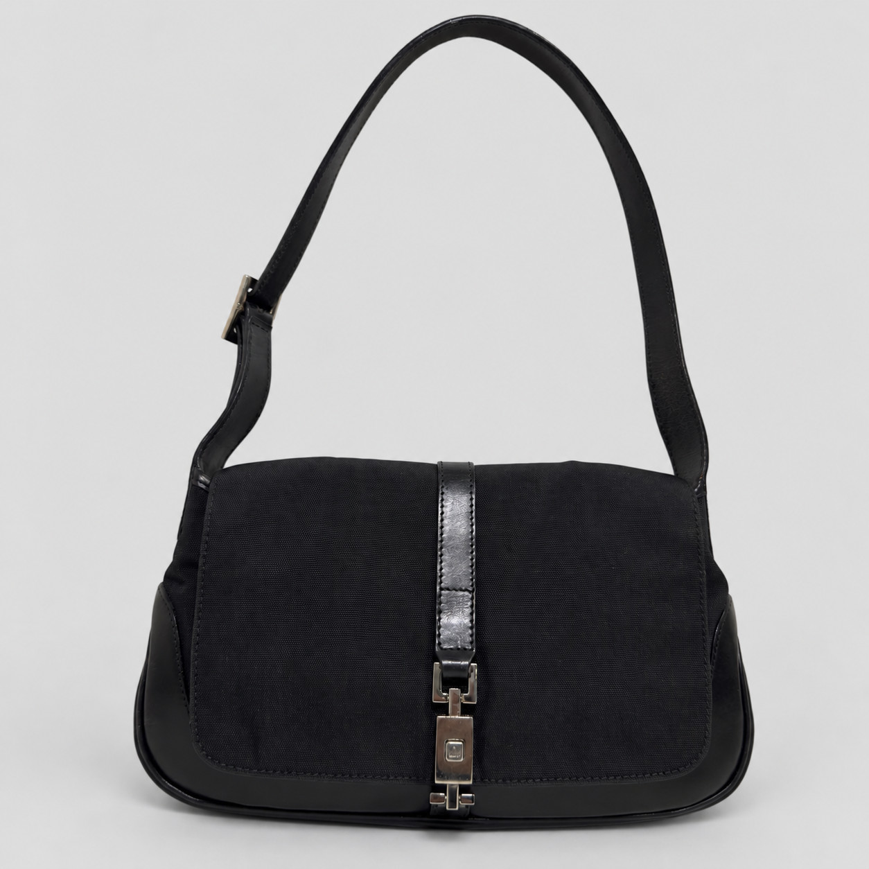 Vintage Gucci Jackie O Black Nylon Leather Piston Lock Small Shoulder Bag