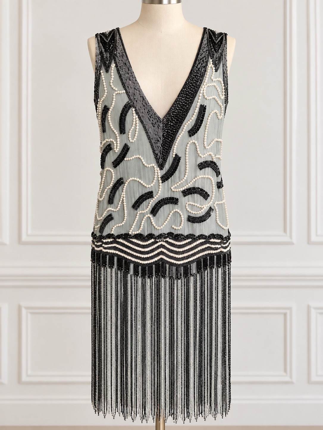 Vintage Style Art Deco 1920s Flapper Dress Black Silver Pearl Beaded Size M