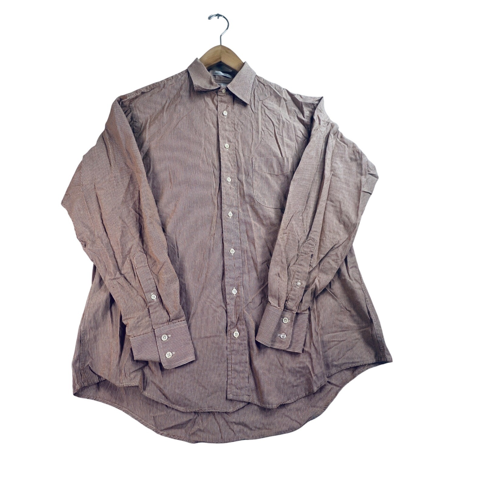 Burberrys of London Mens Tan Striped Cotton Button Down Shirt 16.5-35 USA Made