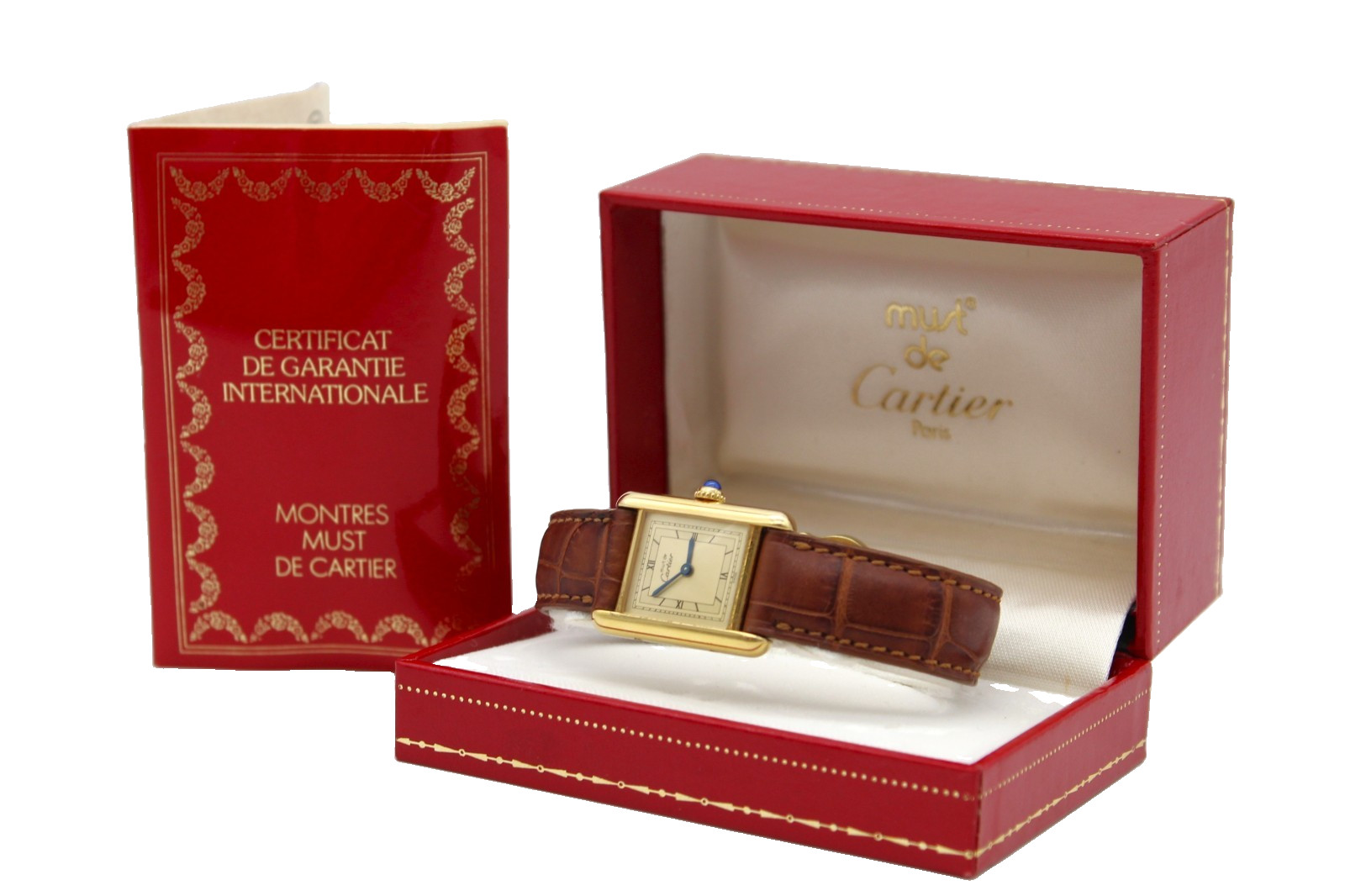 Vintage Must de Cartier Tank Vermeil Quartz 388001 Champagne Roman Dial Watch