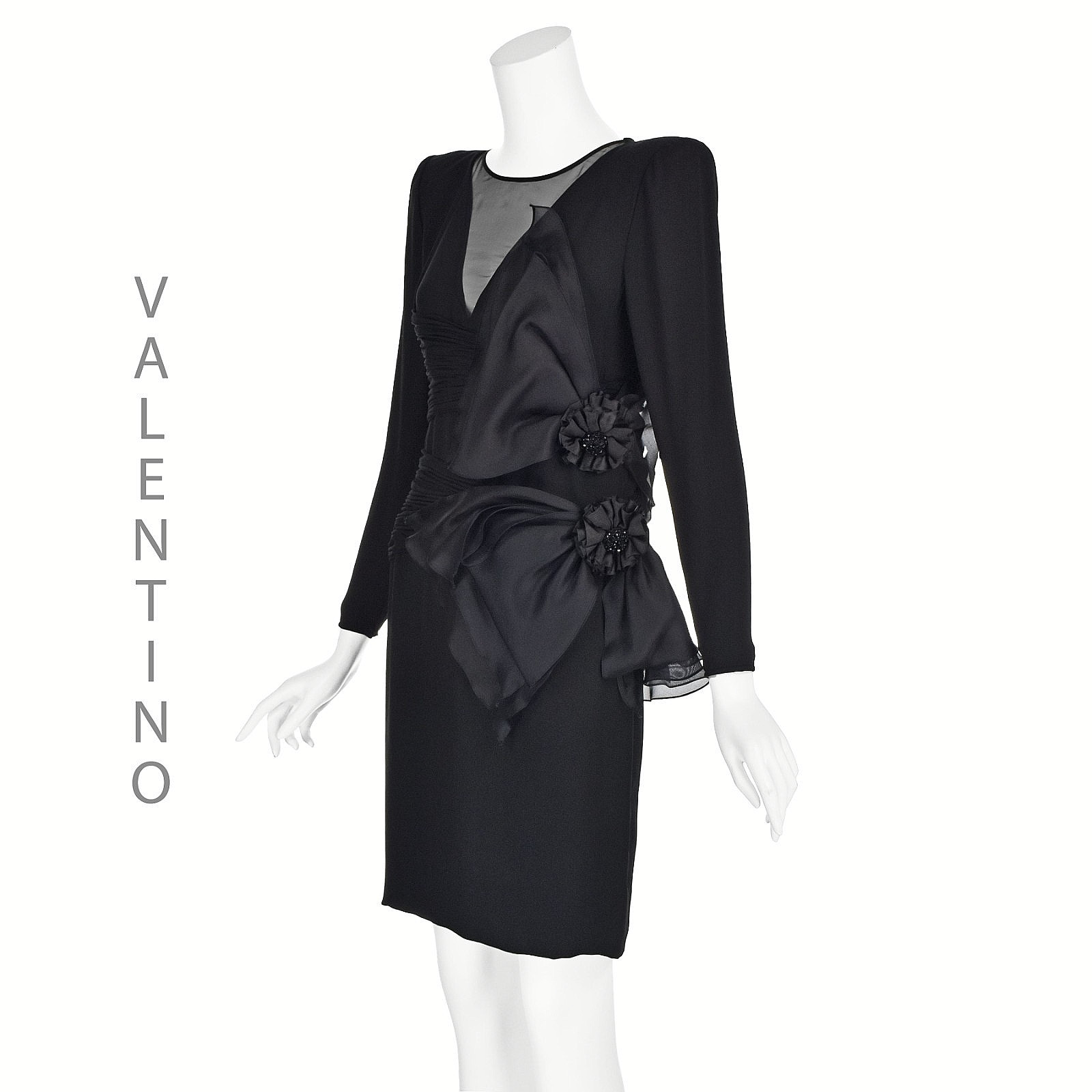 VALENTINO BOUTIQUE 1980s Black Silk Crepe Cocktail Dress w/ 3D Floral Appliqués