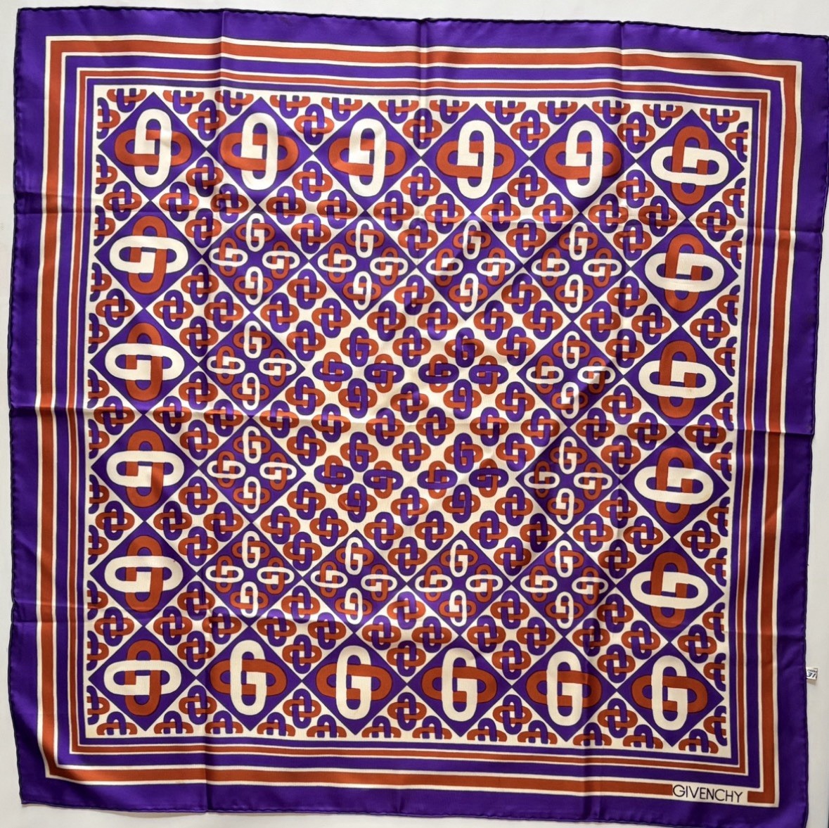 Vtg GIVENCHY Silk Scarf Square Purple Orange Geometric Monogram G Logo 77x78cm 3