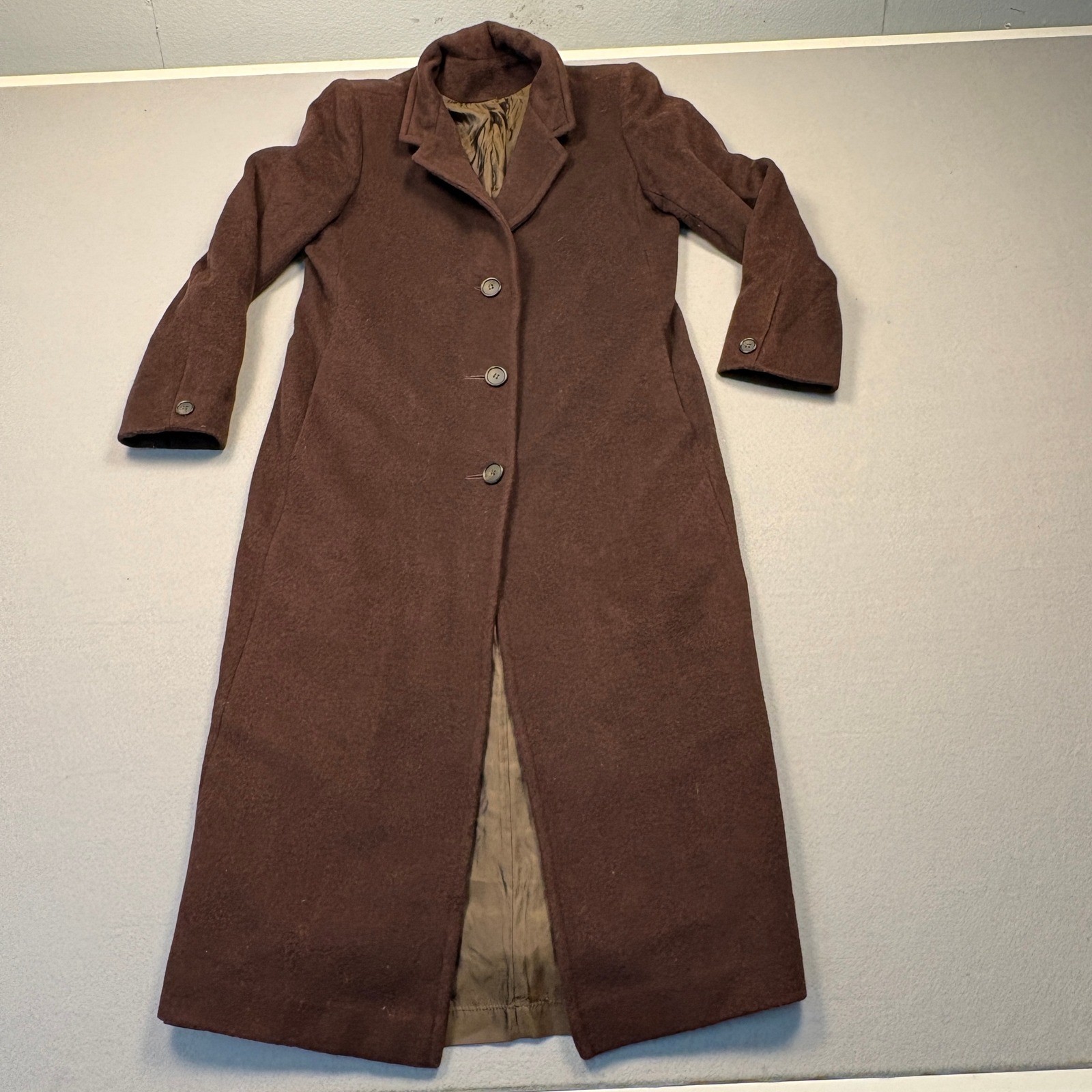 Vintage Womens Long Trench Coat 12 Petite Wool Notch Collar Minimalist Chic