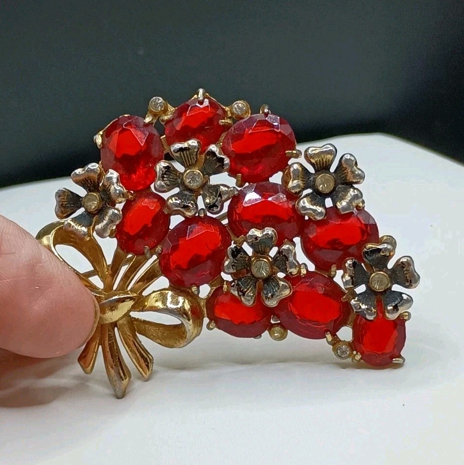 Vintage Flower Bouquet Brooch Rhinestone Chunky Red Glass Bezel Signed 2.5"