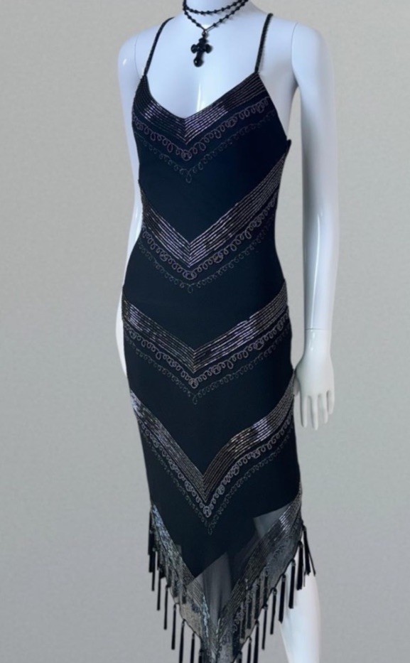 Vintage 1990s Caché Black Beaded Fringe Midi Dress Art Deco Flapper Style