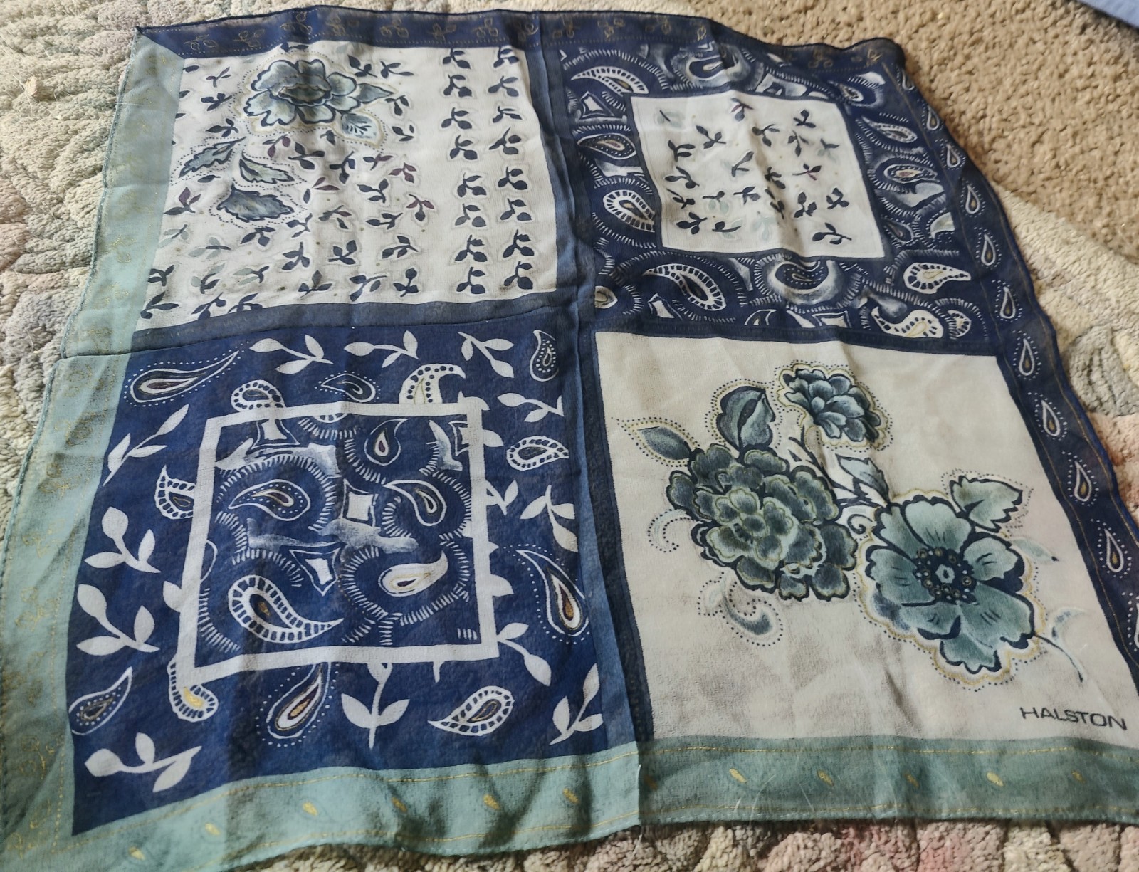 Vintage Halston Sheer Silk Floral Scarf Blue Flowers 20 In Square