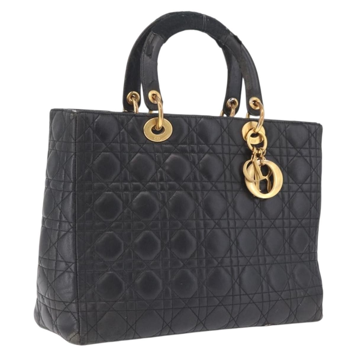 Christian Dior Canage Lady Dior GM Hand Bag Lamb Skin Black Gold Auth am12885