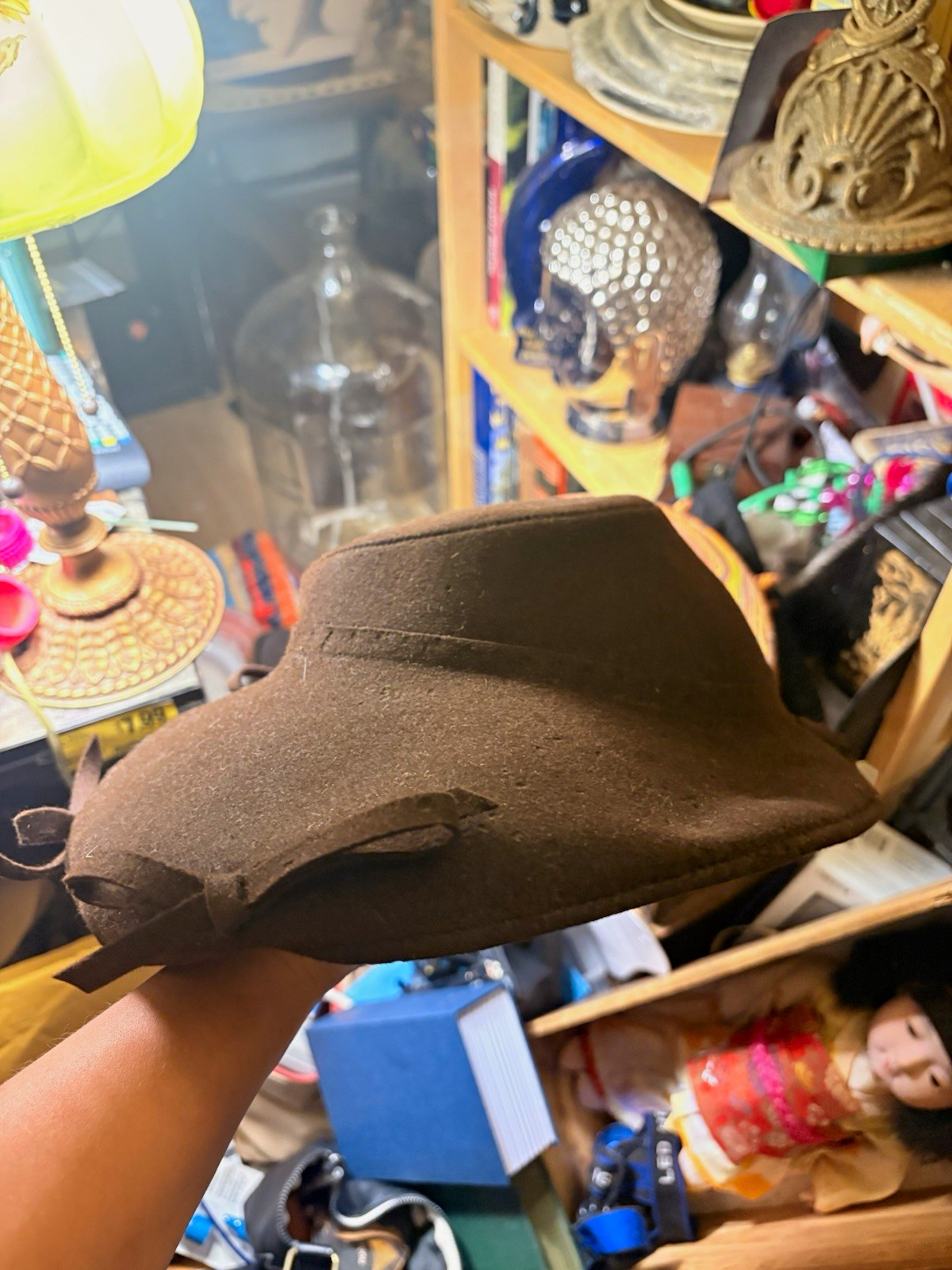Vintage Dark Brown Felt Wide Brim Women’s Hat Decorative Bows Retro Millinery
