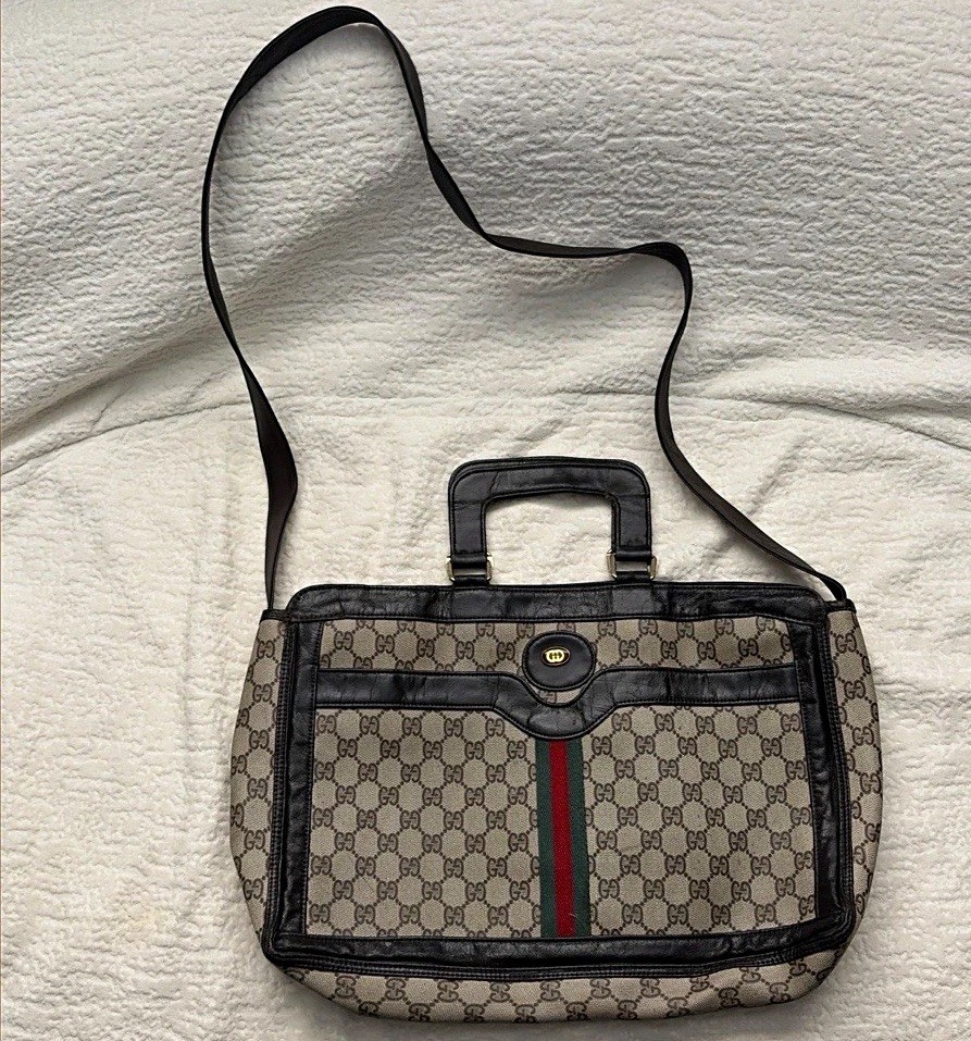 GUCCI Vintage GG Canvas Leather Top Handle Satchel Bag, Zip, Detachable Strap