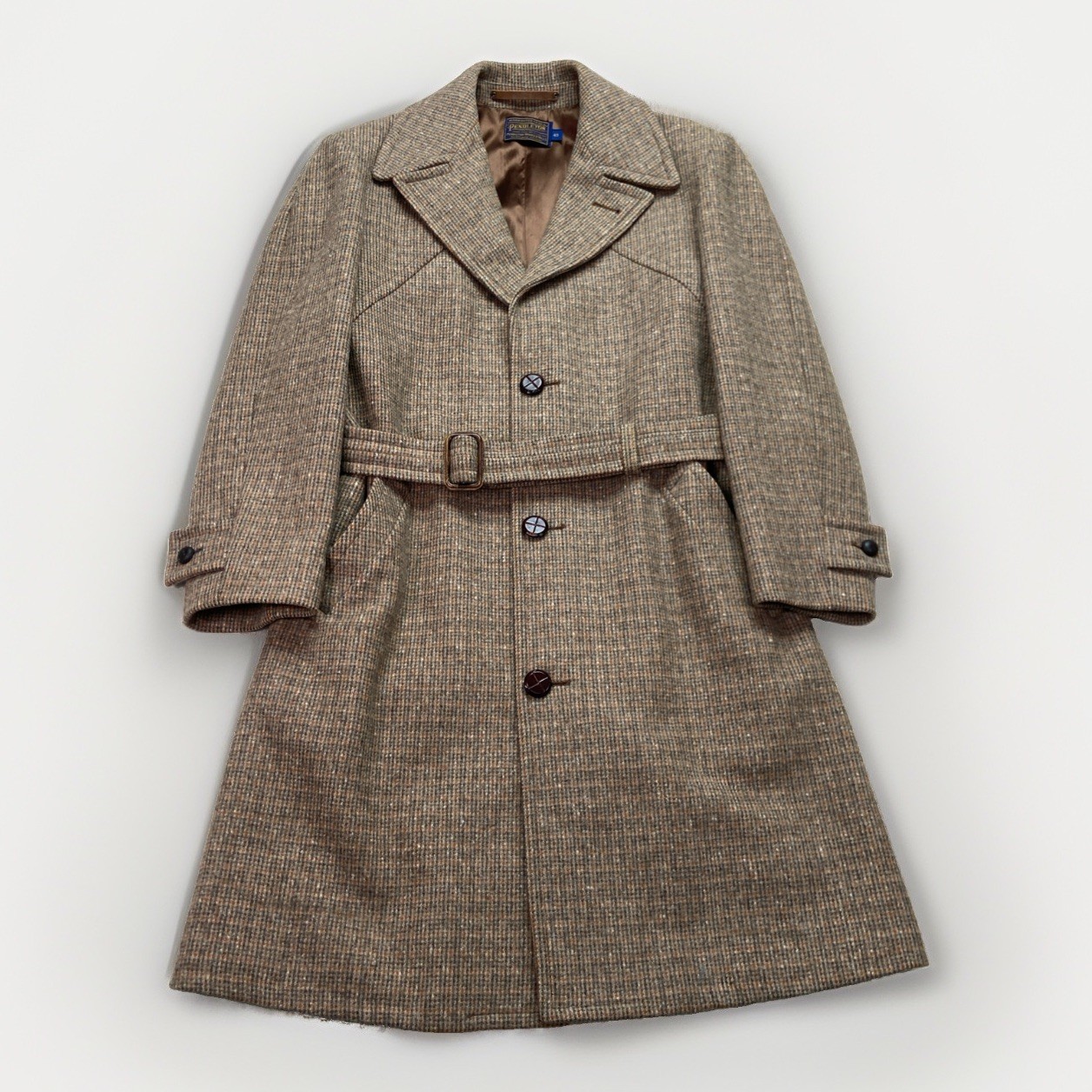 Vintage Pendleton Trench Coat Mens 40 Wool Tweed Brown Herringbone Belted