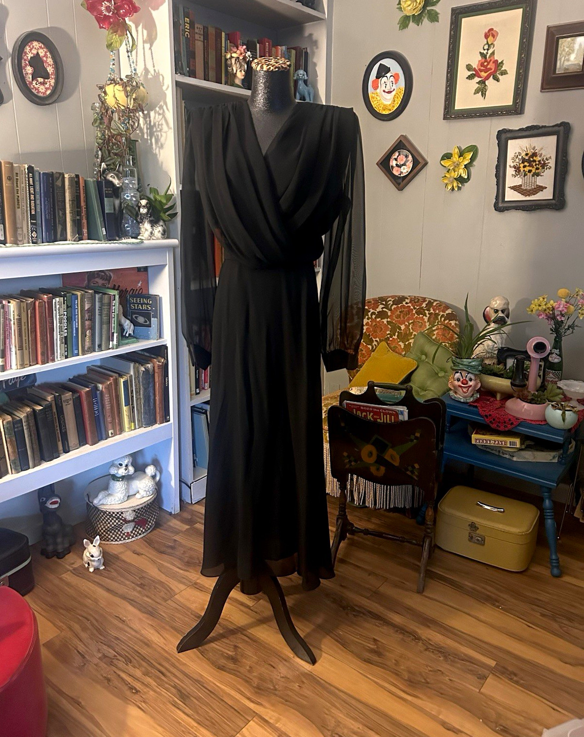 Vintage Black Cocktail Dress Midi Witchy Goth Vamp Glam Chiffon Sheer Sleeves