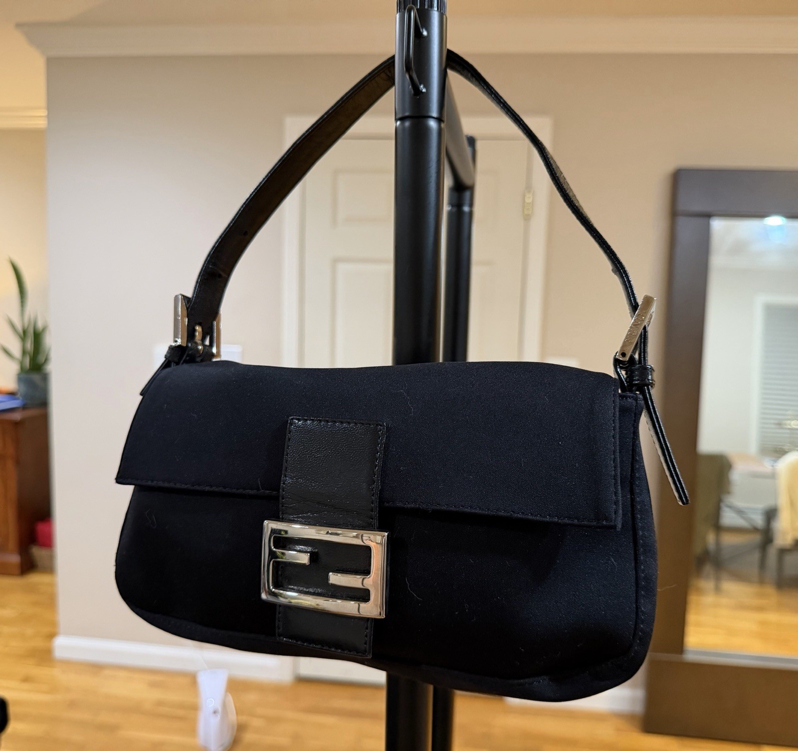 Vintage Fendi Black Neoprene Baguette Bag Silver FF Y2K Never Carried.