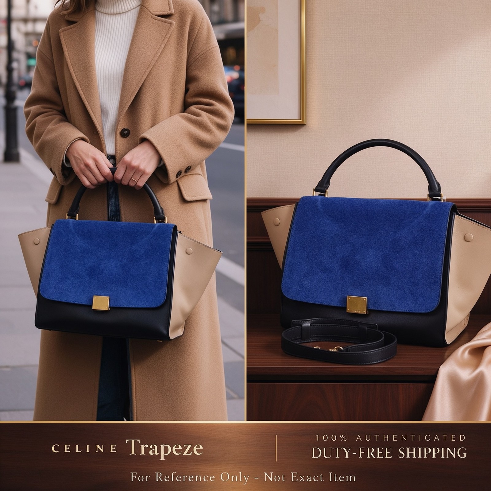 Auth Celine Vintage Trapeze Medium Blue Suede Gold HW Double Handle Shoulder Bag