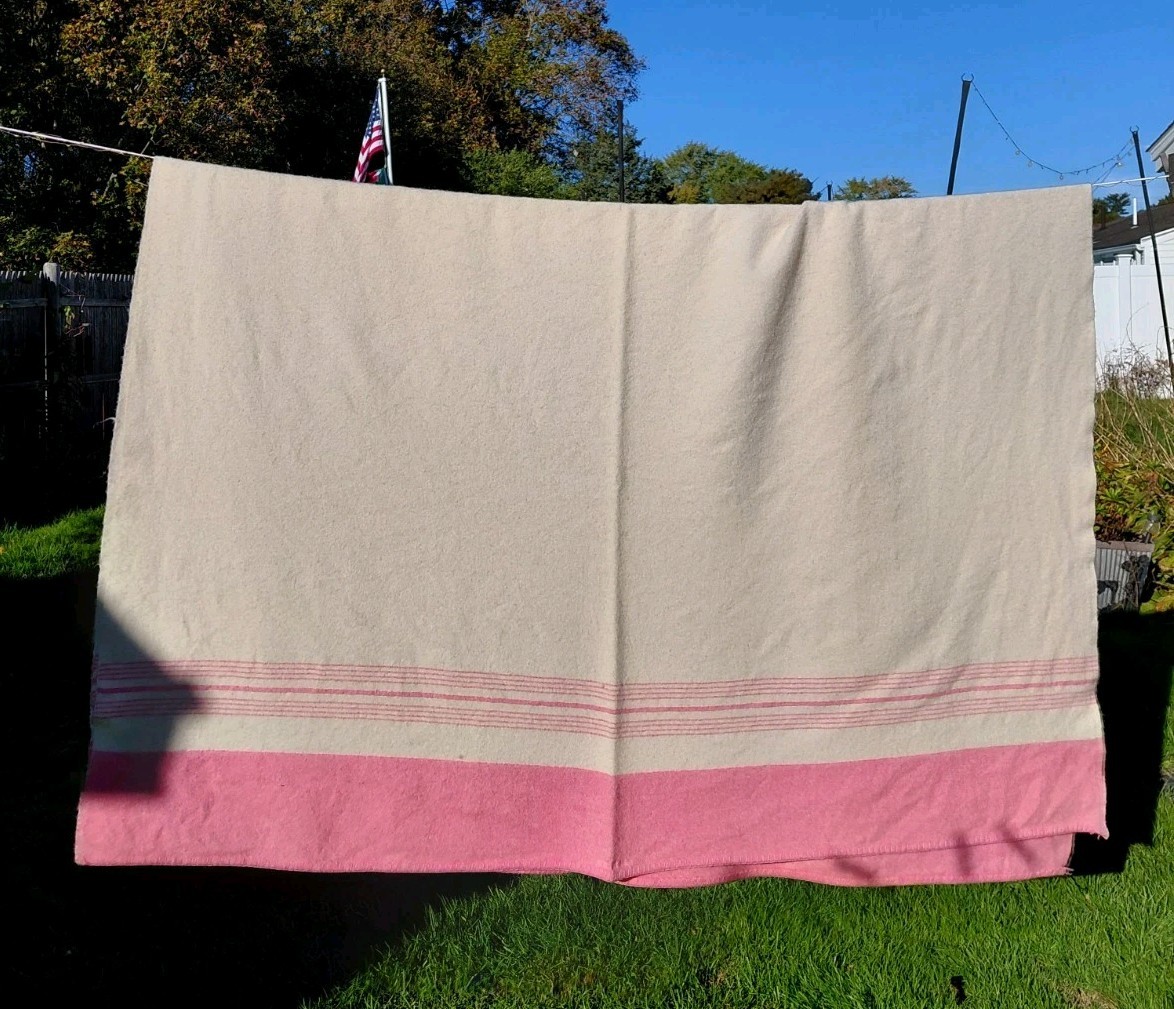 Vintage Dripsey Irish Wool Blanket 90x64 Pink Stripe Twin Throw Made In Ireland