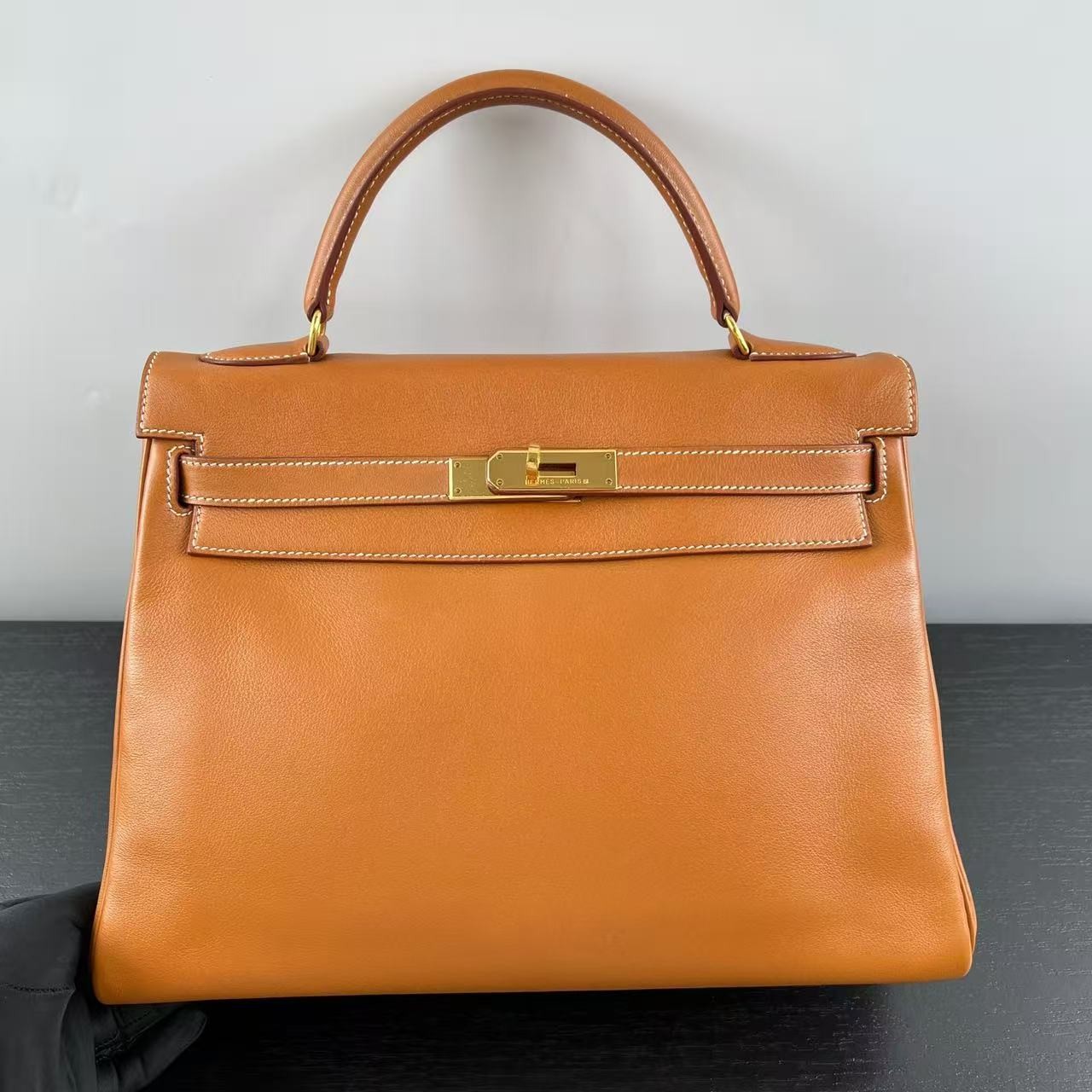 Auth Hermès Kelly 32 Handbag Gold Leather Gold Hardware Vintage Collector Bag