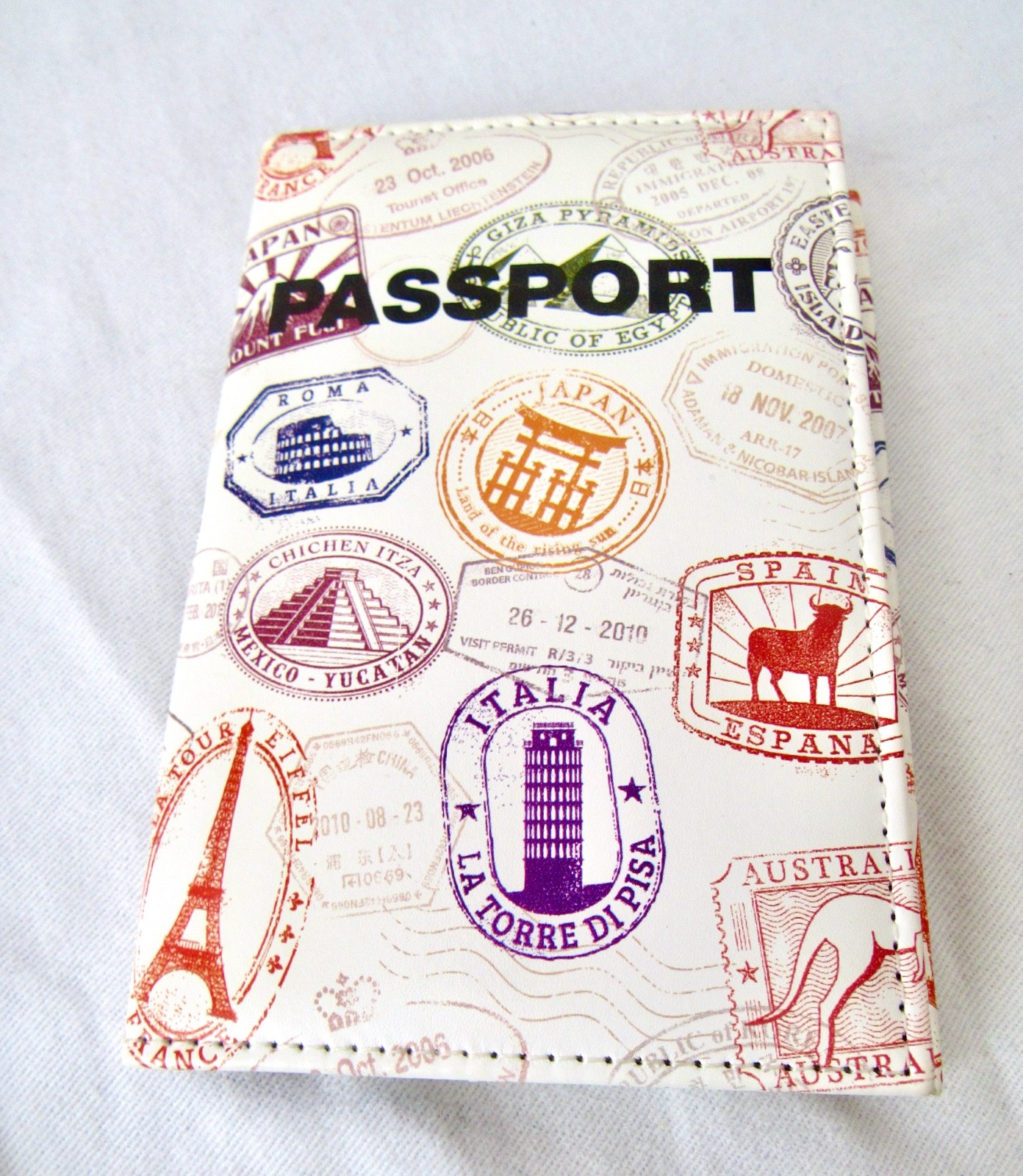 Vintage Travel Stamp Passport Cover Holder Faux Leather Case Sleeve AUCTION