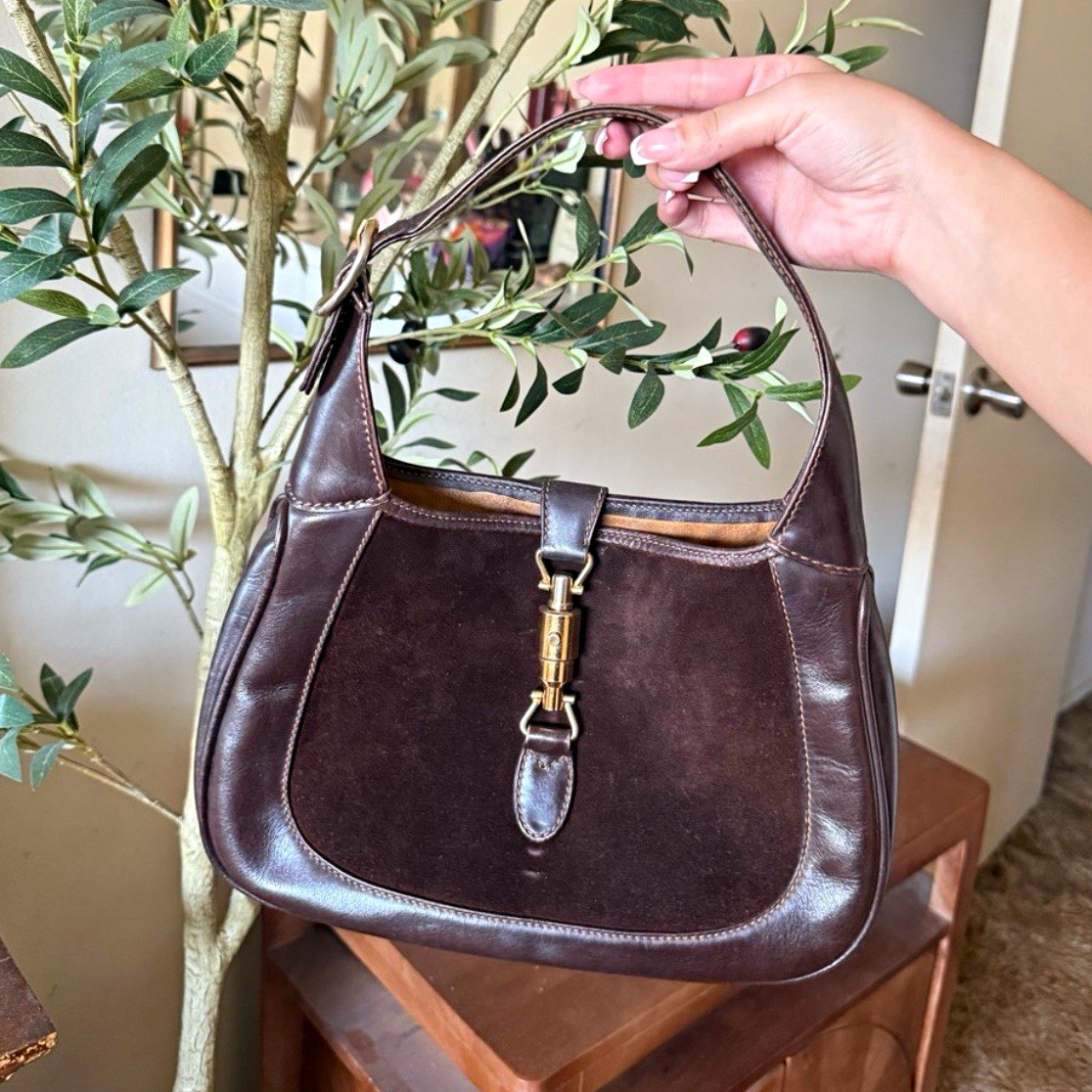 Gucci Jackie Vintage Brown Suede Leather Shoulder Bag Gold Clasp Small