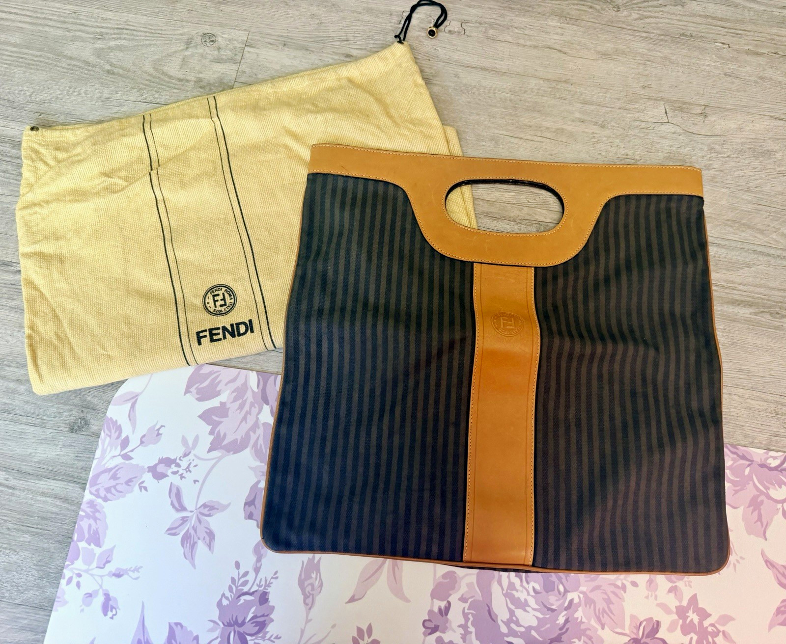 Fendi Striped Flat Canvas & Leather Top Handle Tote Vintage w/ dust bag