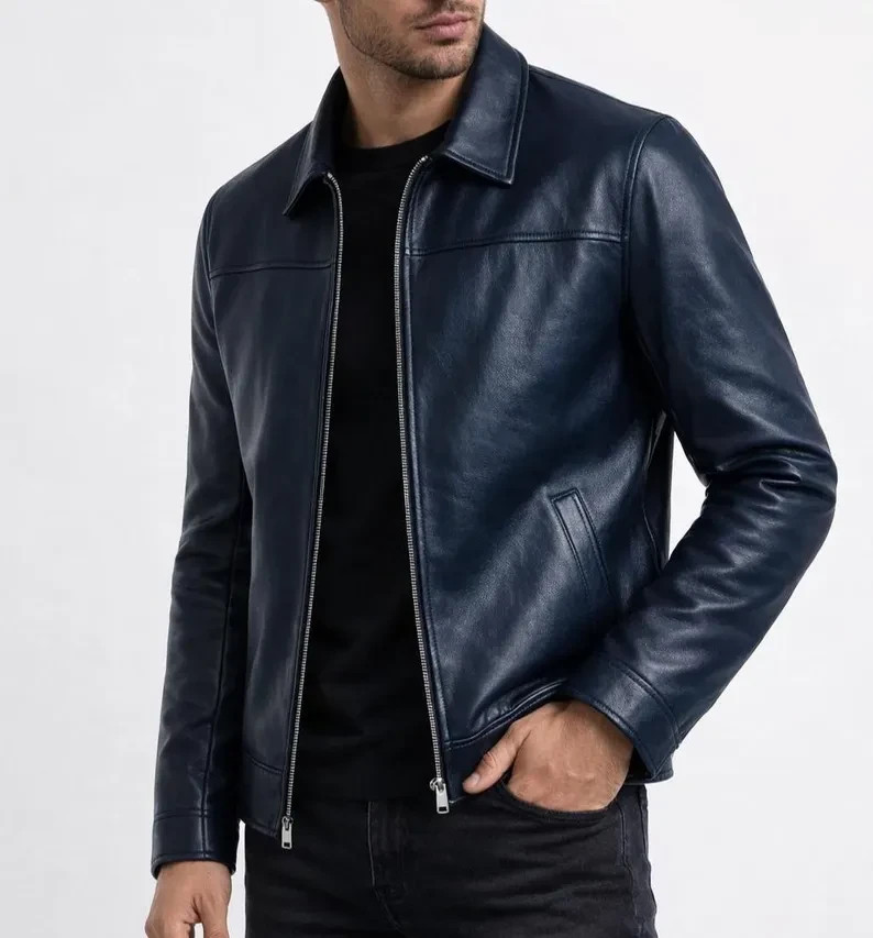 Men's Blue Leather Jacket Real Genuine Sheepskin Zip-Up Classic Fashion Jacket