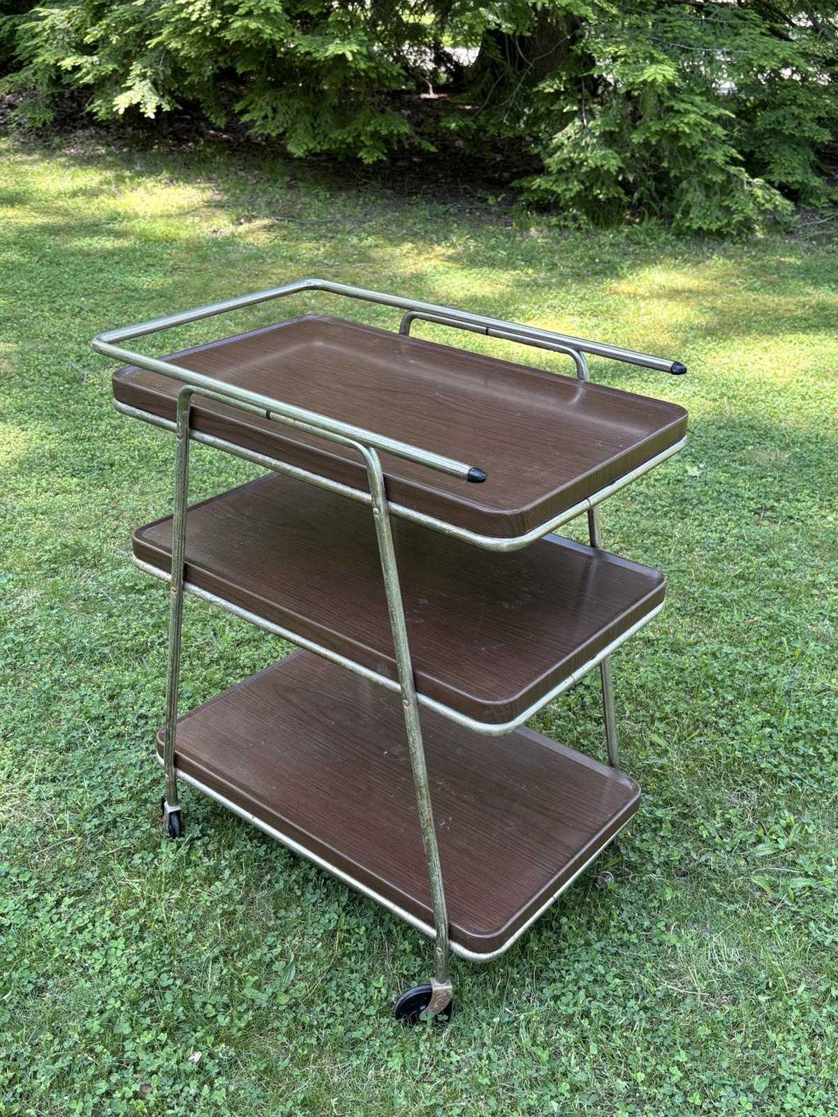 Vintage Mid Century COSCO 3 Tier Bar Serving Cart Removeable Trays Wood Grain