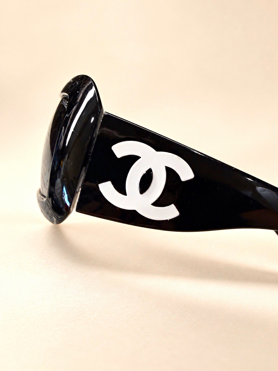 Vintage CHANEL Oversized Black Sunglasses White CC Logo Dark Lenses w/ Case