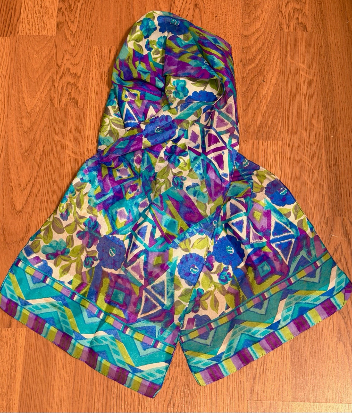 Vintage 100% Silk Head Neck Scarf Blue Poppie Lime Sheer Purple Floral Flowy~EUC