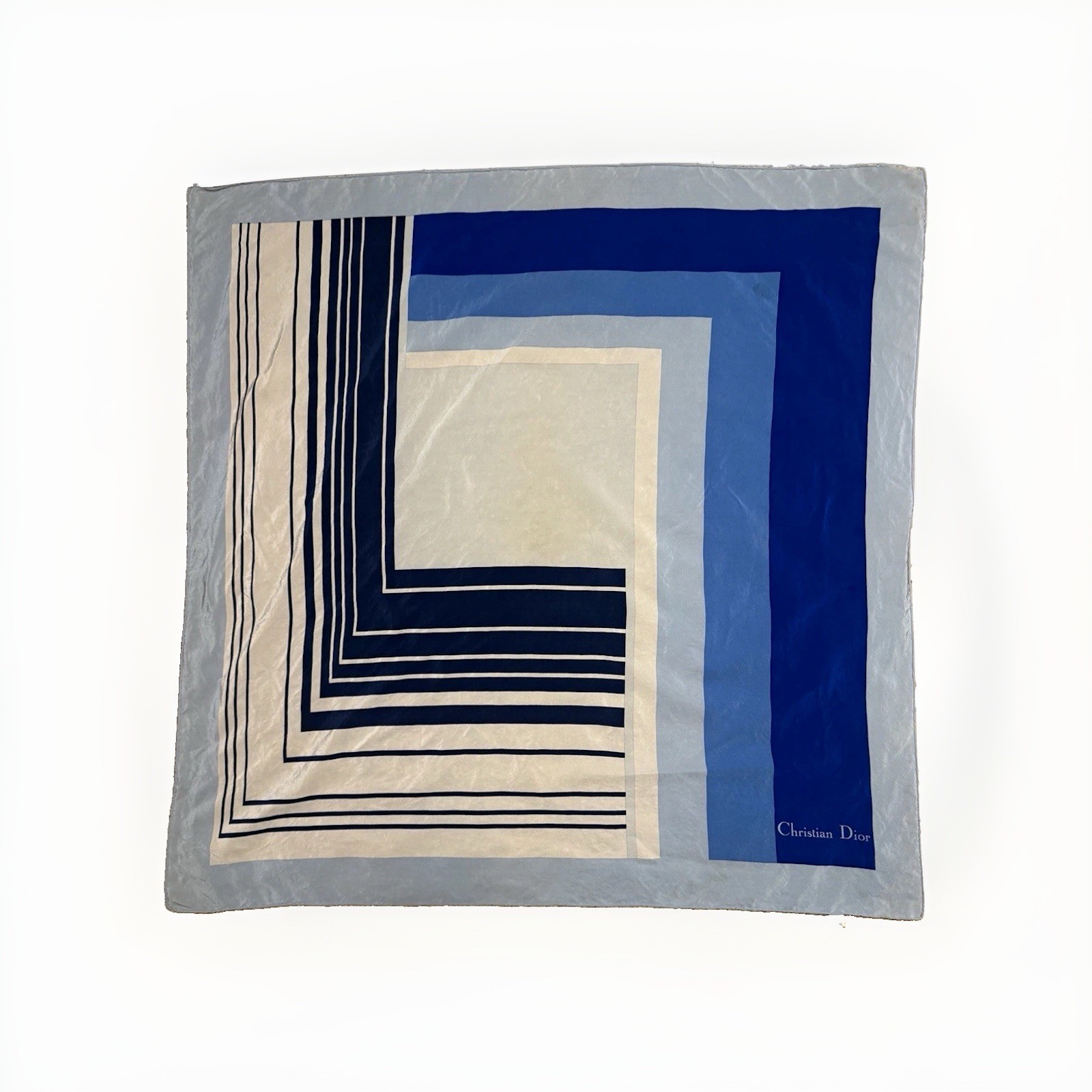 Vintage Christian Dior Silk Square Scarf Blue Op Art Geometric Made in France