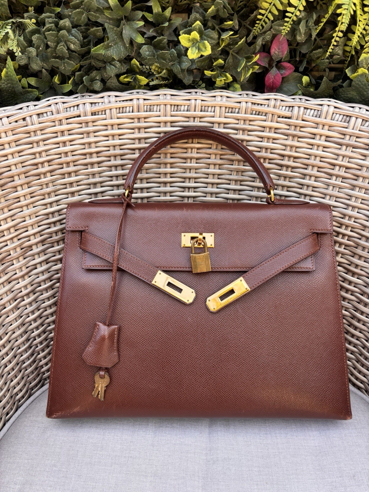 Authentic Hermès  1991 vintage KELLY 32 brown gold courchevel leather bag