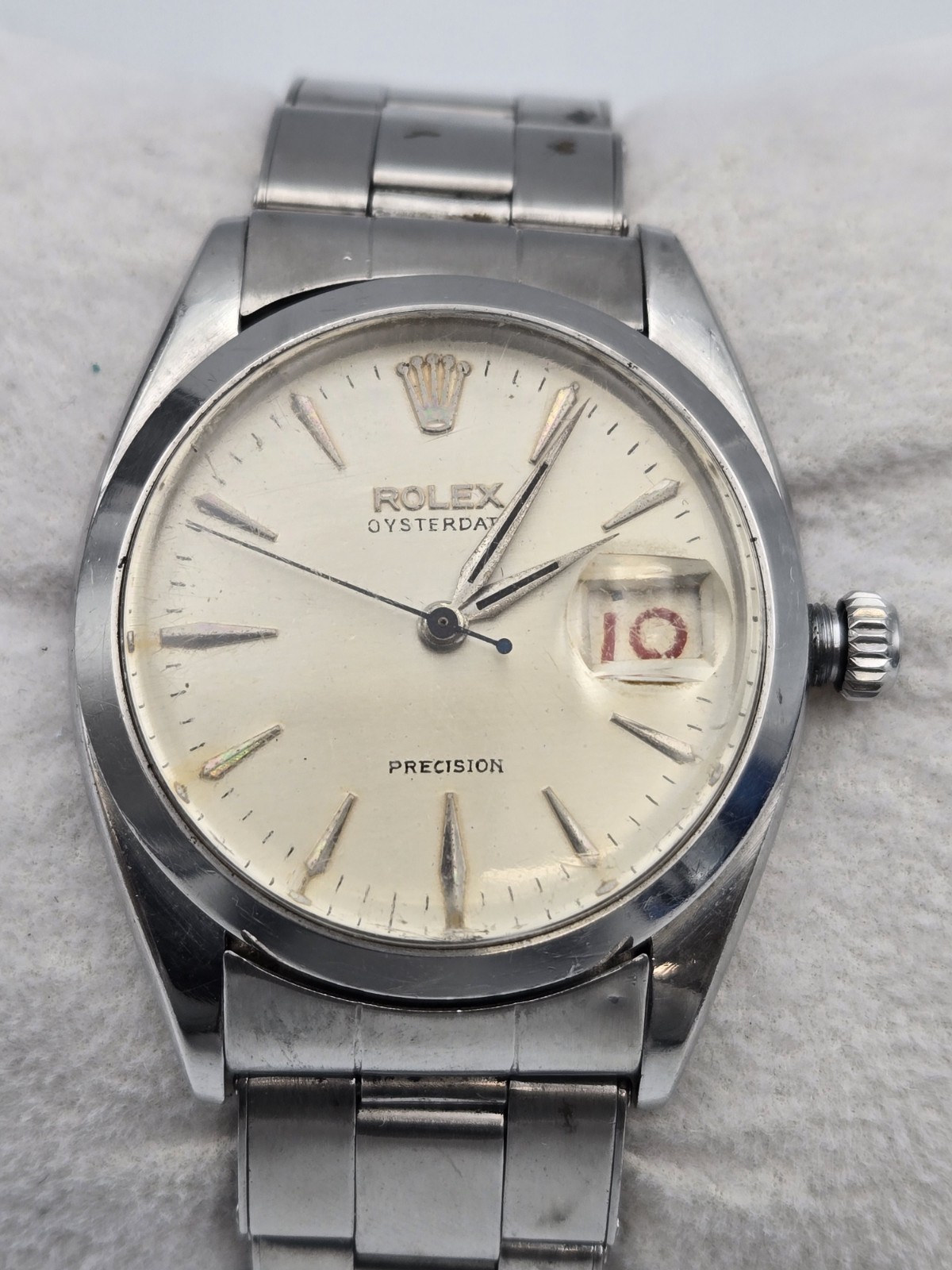 Vintage Rolex Oysterdate Precision 6694 34mm Silver Roulette Date Manual Watch