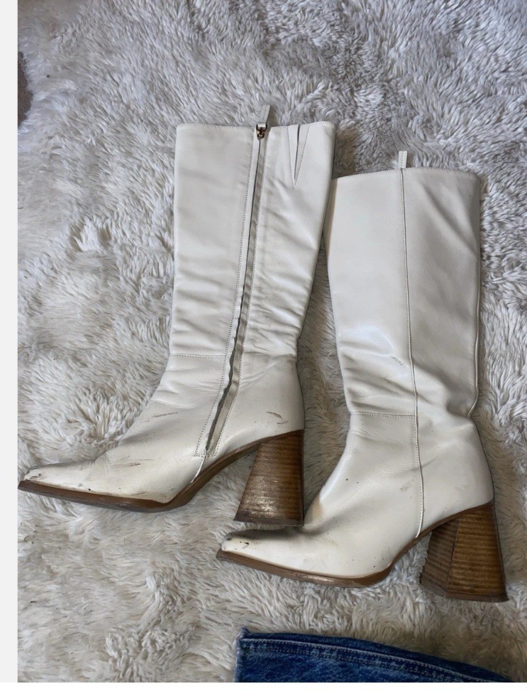Vintage White Leather Gogo Boots Italy 39 Platform Block Heel Retro Y2K 90s Mod