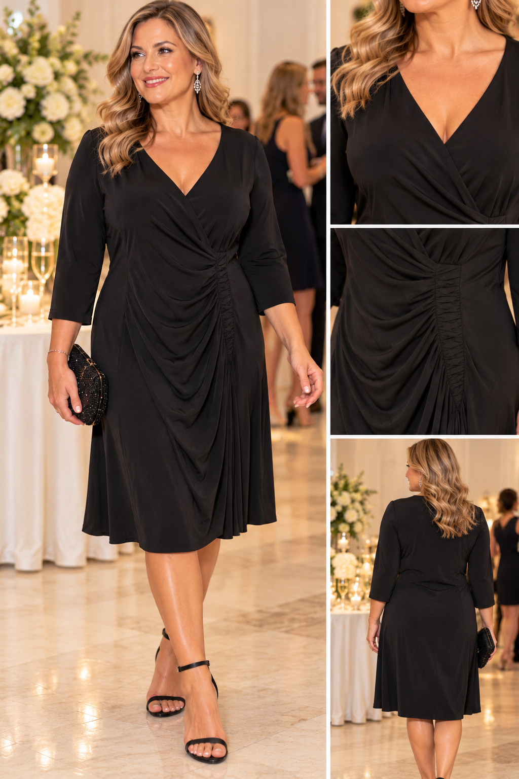 Evan Picone Vintage Little Black Dress V Neck Ruched Stretch Dress Size 16