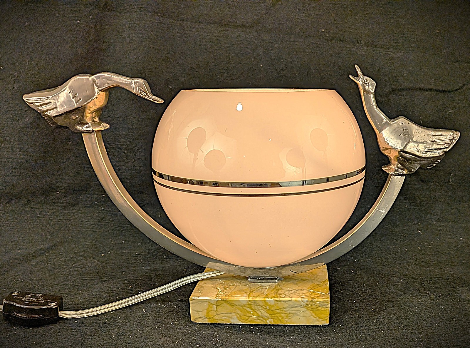 Vintage 1930s French Art Deco Table Lamp with  Birds & Glass Shade