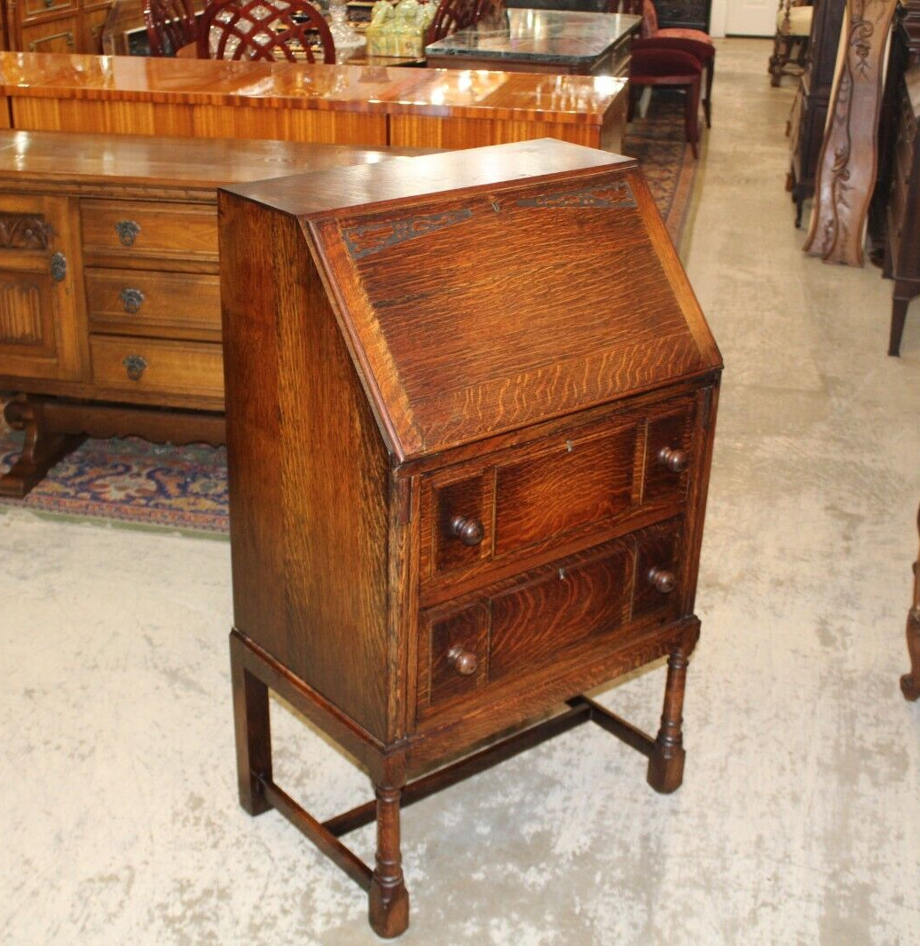 English Antique Tiger Oak Edwardian Drop Front Desk | Compact Writing Bureau